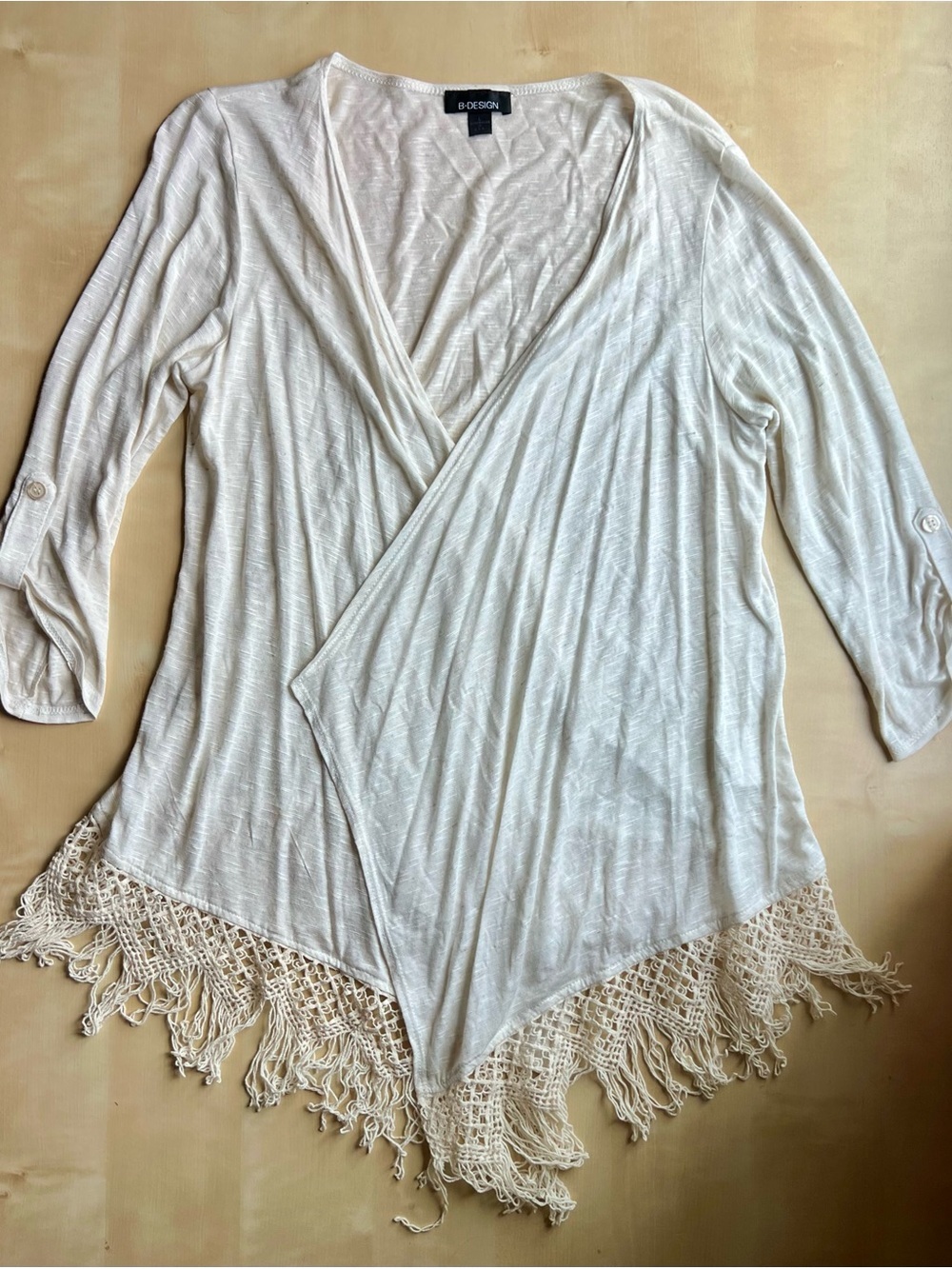 Boho Western Off-White Open-Front Airy Cardigan with Crochet Fringe